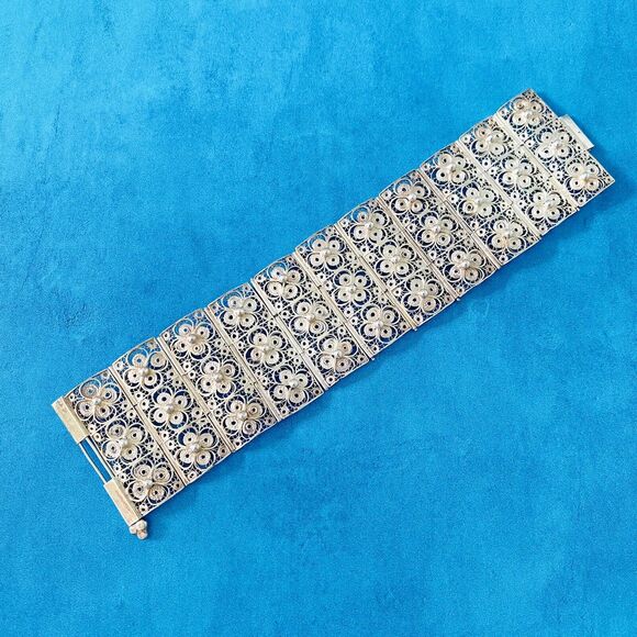 Vintage Wide Filigree Silver Bracelet Intricate Tile Design 1 3/4" W 7" L - Picture 1 of 9